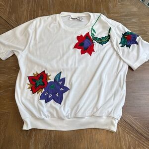 Vintage Suburbans White Short-Sleeve Top with Colorful Floral Appliqués